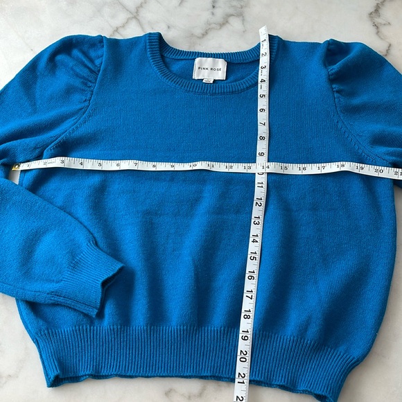 Pink Rose Puff Sleeve & Ribbed Hem Crew Neck Sweater Blue Sz M/L - Picture 2 of 13